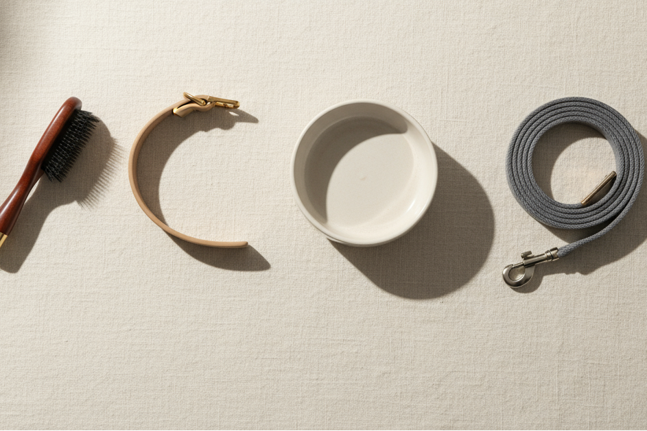 vytvoř banner s krémovým lněným pozadím a budou zde psí minimalistické doplňky 